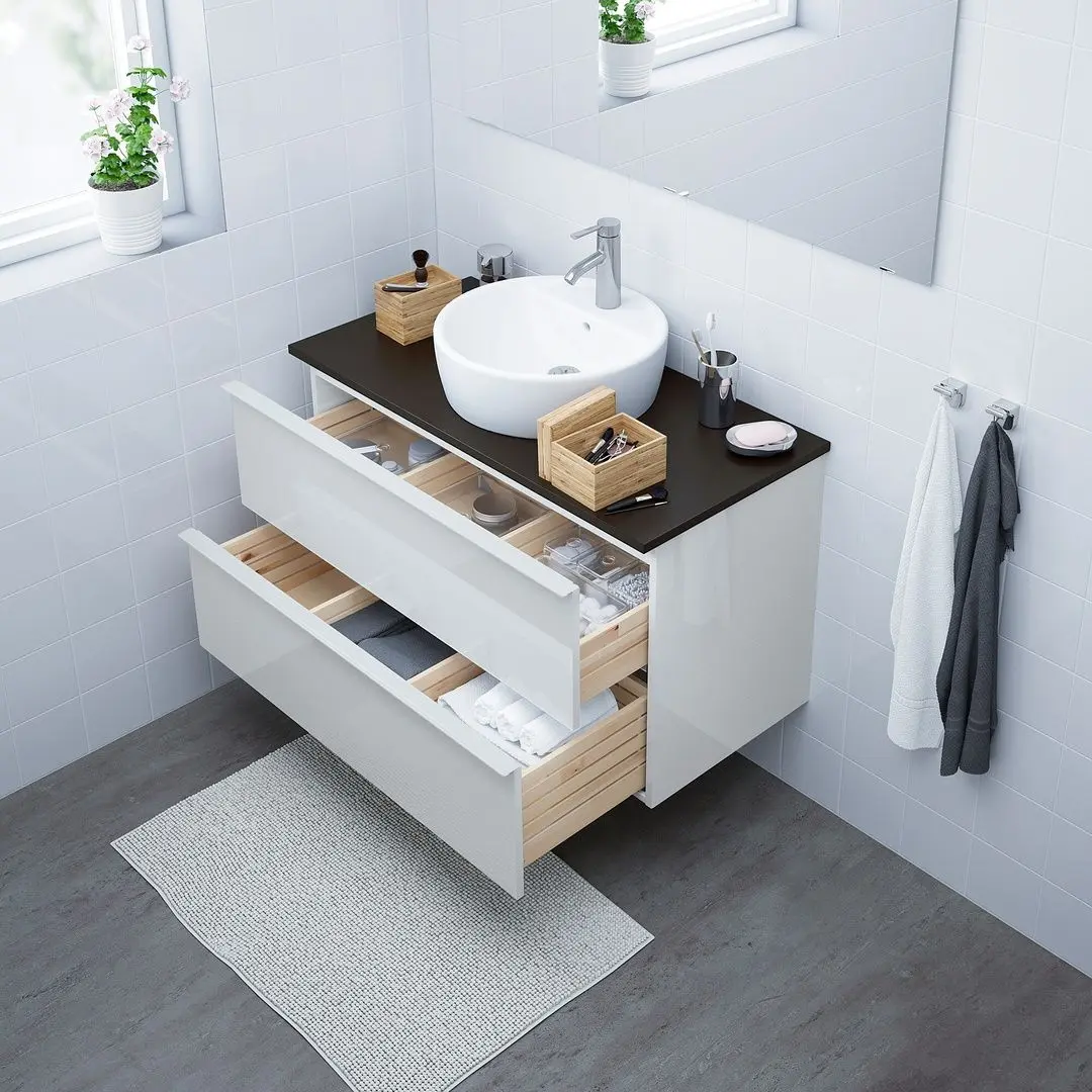 Набор тумбы с раковиной Ikea Godmorgon/Tolken/Tornviken раковина 45cm/смеситель 102x49x74 (Глянцевый Белый/Антрацит) - 4