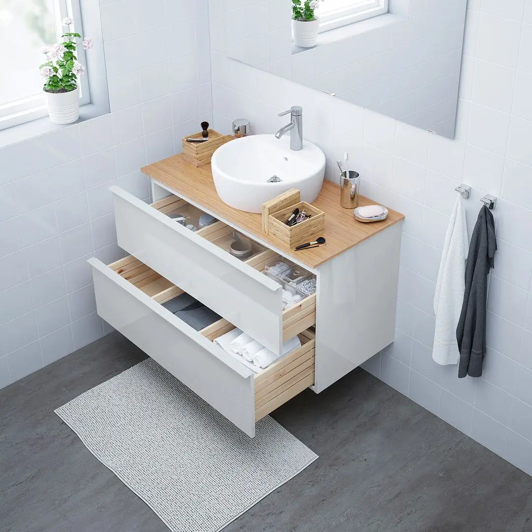 Набор тумбы с раковиной Ikea Godmorgon/Tolken/Tornviken раковина 45cm/смеситель 102x49x74 (Глянцевый Белый/Бамбук) - 5