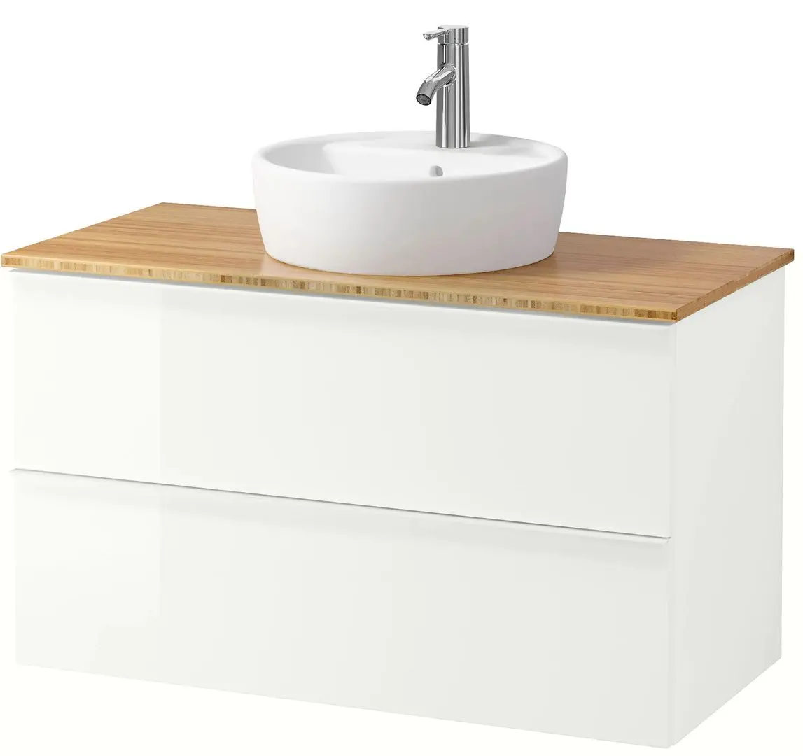 Набор тумбы с раковиной Ikea Godmorgon/Tolken/Tornviken раковина 45cm/смеситель 102x49x74 (Глянцевый Белый/Бамбук)