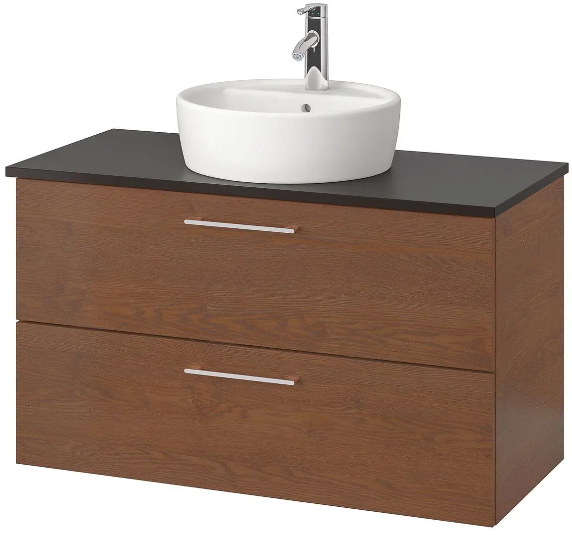 Набор тумбы с раковиной Ikea Godmorgon/Tolken/Tornviken раковина 45cm/смеситель 102x49x74 (Под Коричневый Мореный Ясень/Антрацит)