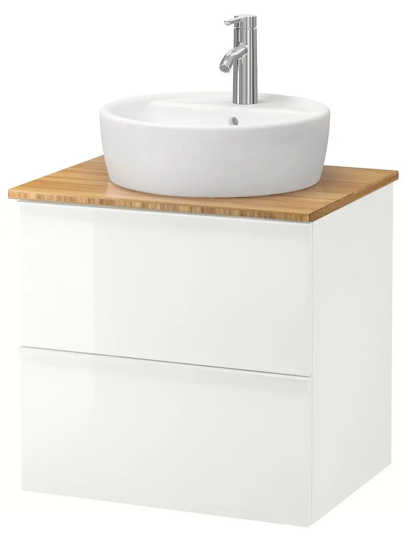 Набор тумбы с раковиной Ikea Godmorgon/Tolken/Tornviken раковина 45cm/смеситель 62x49x74 (Глянцевый Белый/Бамбук)
