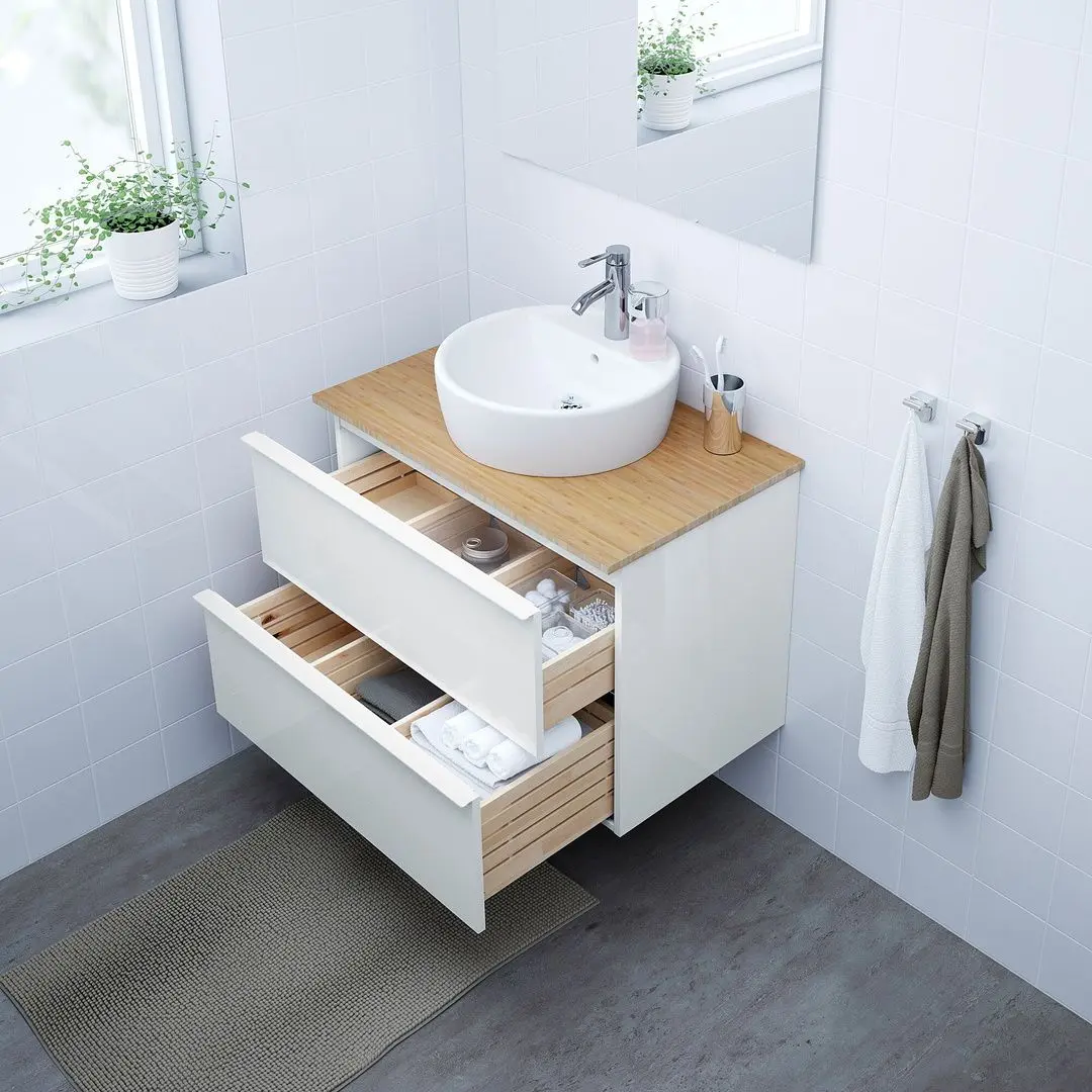 Набор тумбы с раковиной Ikea Godmorgon/Tolken/Tornviken раковина 45cm/смеситель 82x49x74 (Глянцевый Белый/Бамбук) - 4