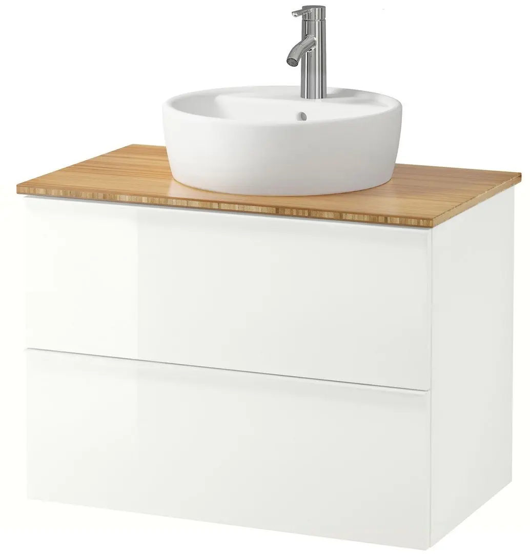 Набор тумбы с раковиной Ikea Godmorgon/Tolken/Tornviken раковина 45cm/смеситель 82x49x74 (Глянцевый Белый/Бамбук)