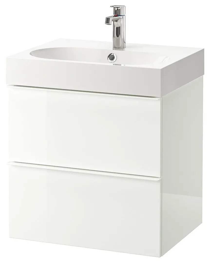 Шкаф под умывальник Ikea Godmorgon/Braviken 2 ящика/смеситель Brogrund 61x49x68 (Глянцевый Белый)