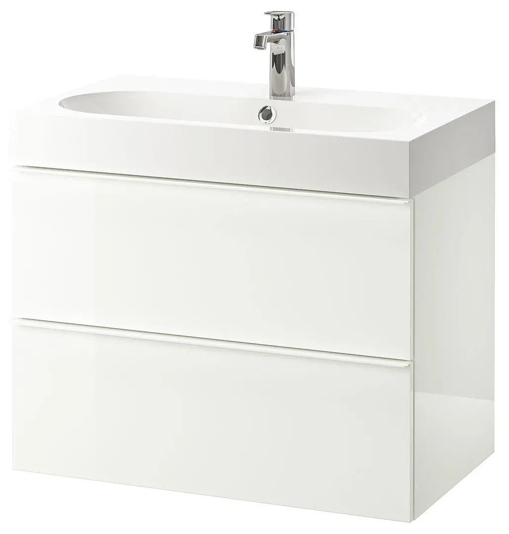 Шкаф под умывальник Ikea Godmorgon/Braviken 2 ящика/смеситель Brogrund 80x48x68 (Глянцевый Белый)