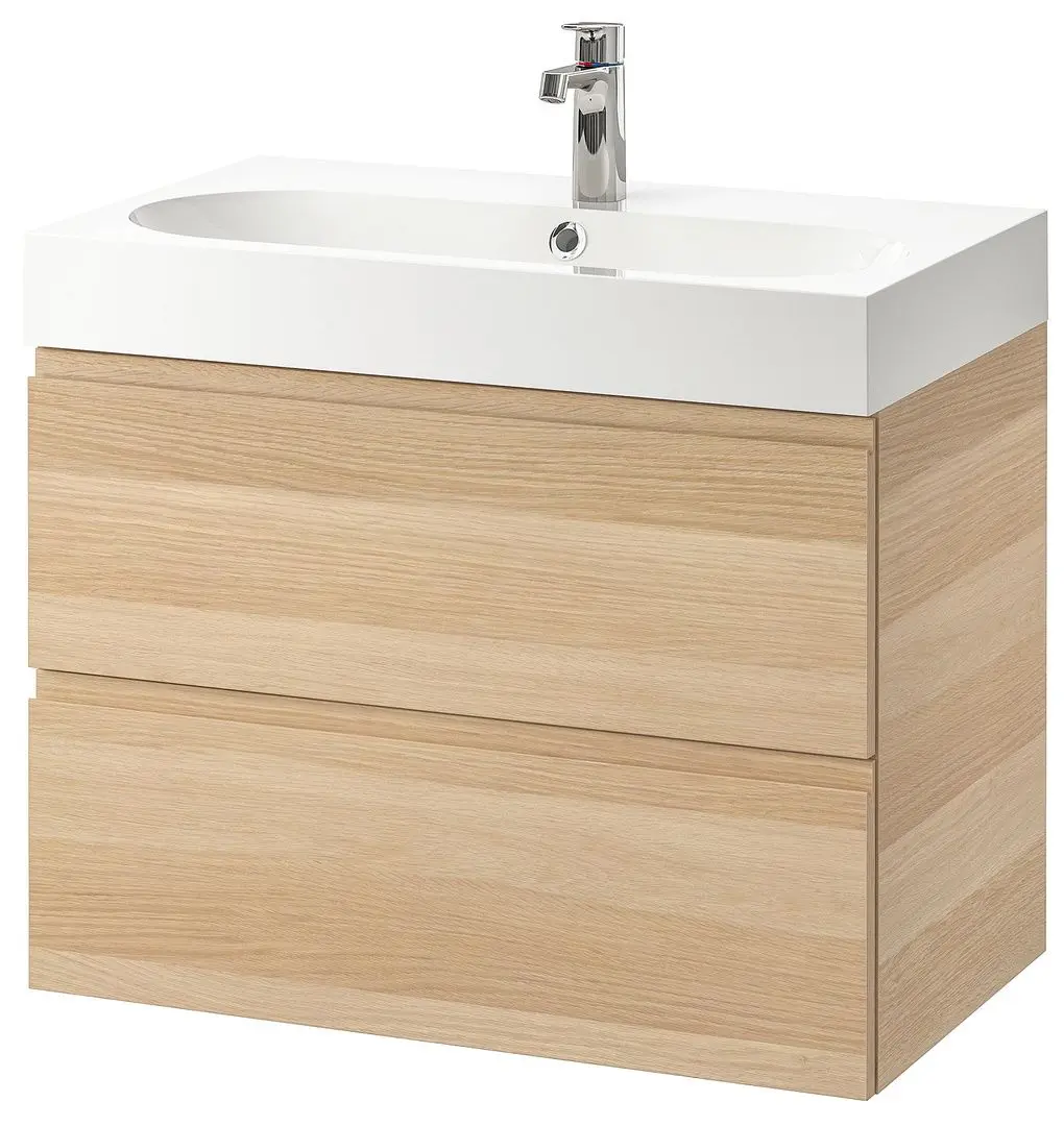 Шкаф под умывальник Ikea Godmorgon/Braviken 2 ящика/смеситель Brogrund 80x48x68 (Под Беленый Дуб)