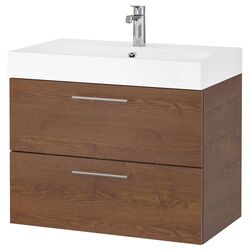 Шкаф под умывальник Ikea Godmorgon/Braviken 2 ящика/смеситель Brogrund 80x48x68 (Под Коричневый Мореный Ясень)
