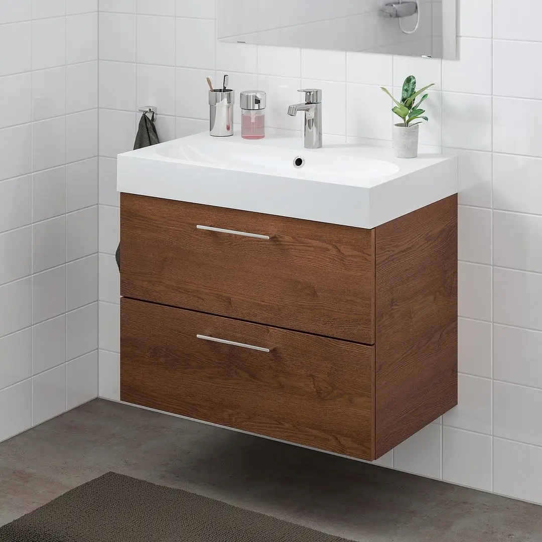 Шкаф под умывальник Ikea Godmorgon/Braviken 2 ящика/смеситель Brogrund 80x48x68 (Под Коричневый Мореный Ясень) - 3