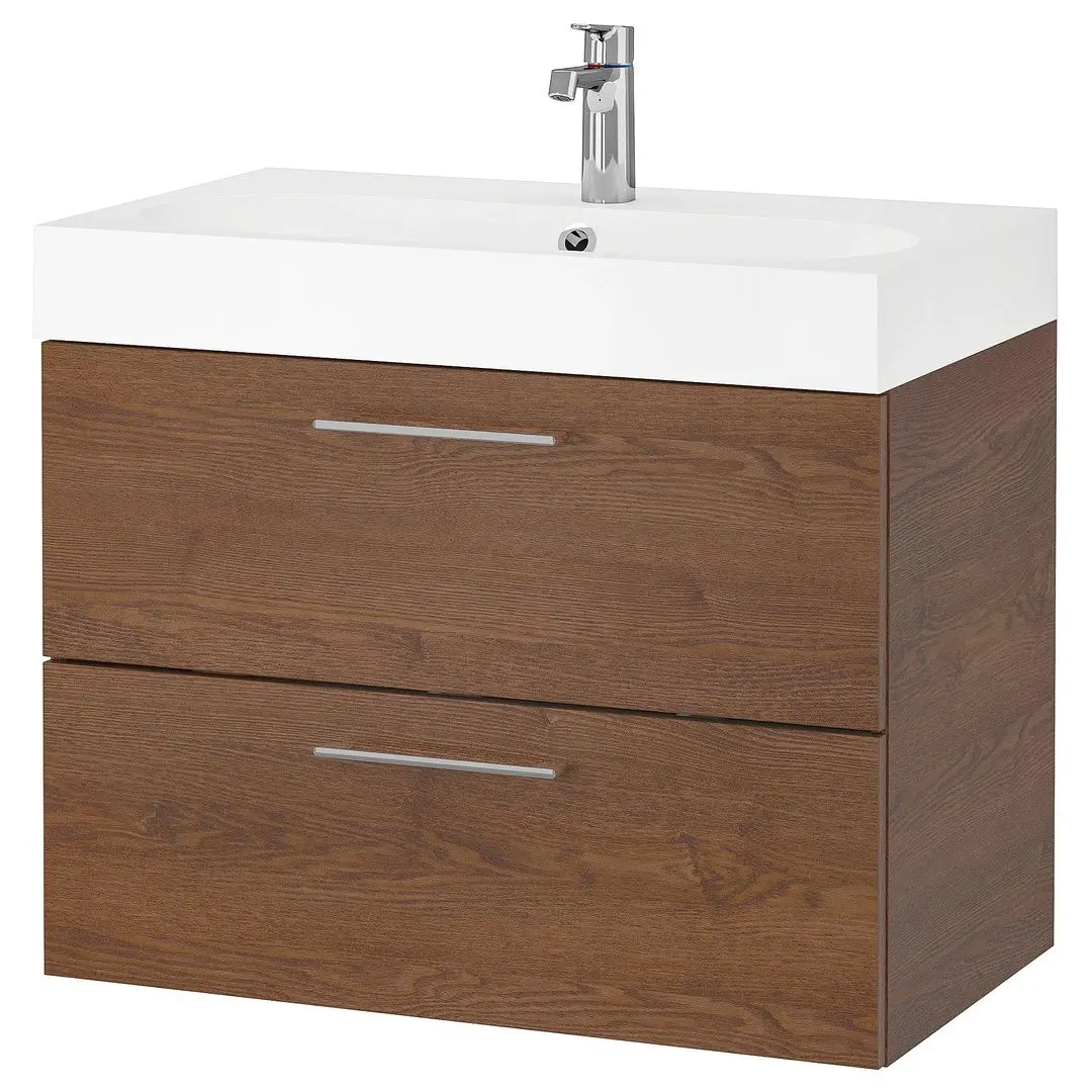 Шкаф под умывальник Ikea Godmorgon/Braviken 2 ящика/смеситель Brogrund 80x48x68 (Под Коричневый Мореный Ясень)