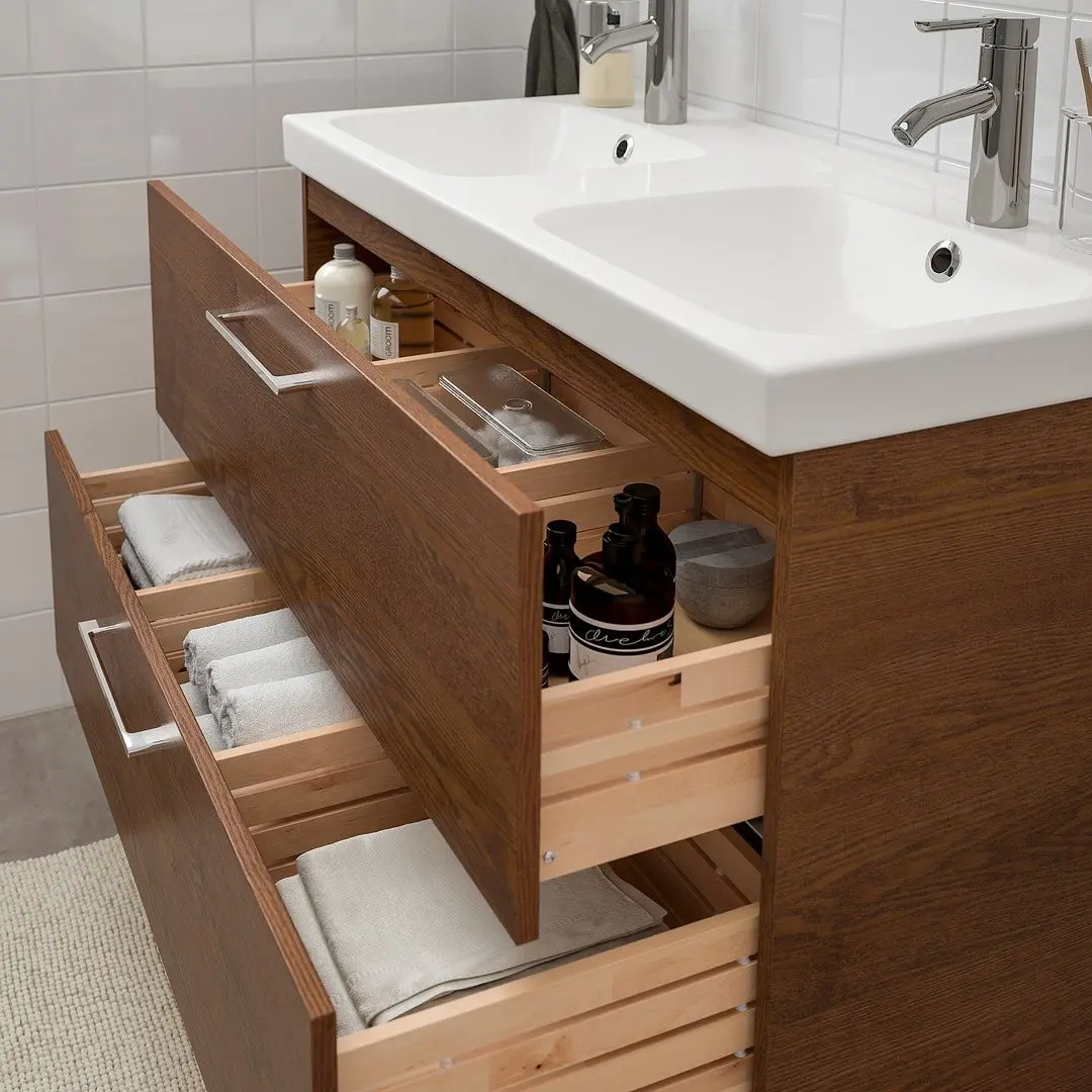 Шкаф под умывальник Ikea Godmorgon/Odensvik 2 ящика/2 чаши/смеситель Dalskär 103x49x64 (Под Коричневый Мореный Ясень) - 4