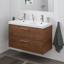 Шкаф под умывальник Ikea Godmorgon/Odensvik 2 ящика/2 чаши/смеситель Dalskär 103x49x64 (Под Коричневый Мореный Ясень) Thumb