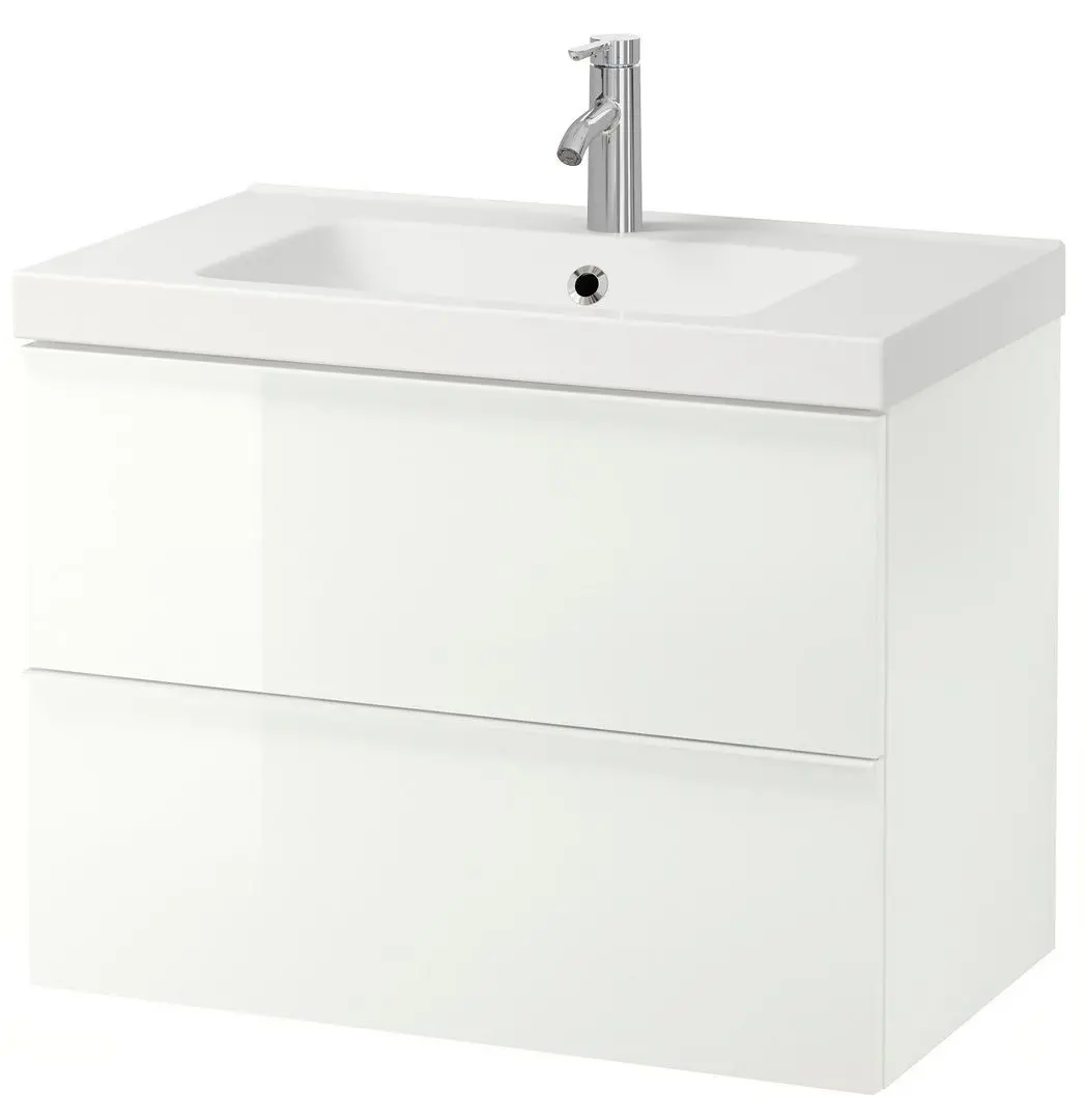 Шкаф под умывальник Ikea Godmorgon/Odensvik 2 ящика/смеситель Dalskär 83x49x64 (Глянцевый Белый)