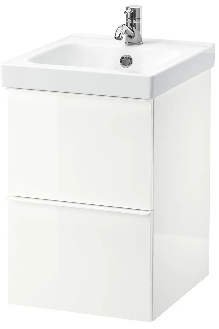 Шкаф под умывальник Ikea Godmorgon/Odensvik 2 ящика/смеситель Pilkån 43x49x64 (Глянцевый Белый)