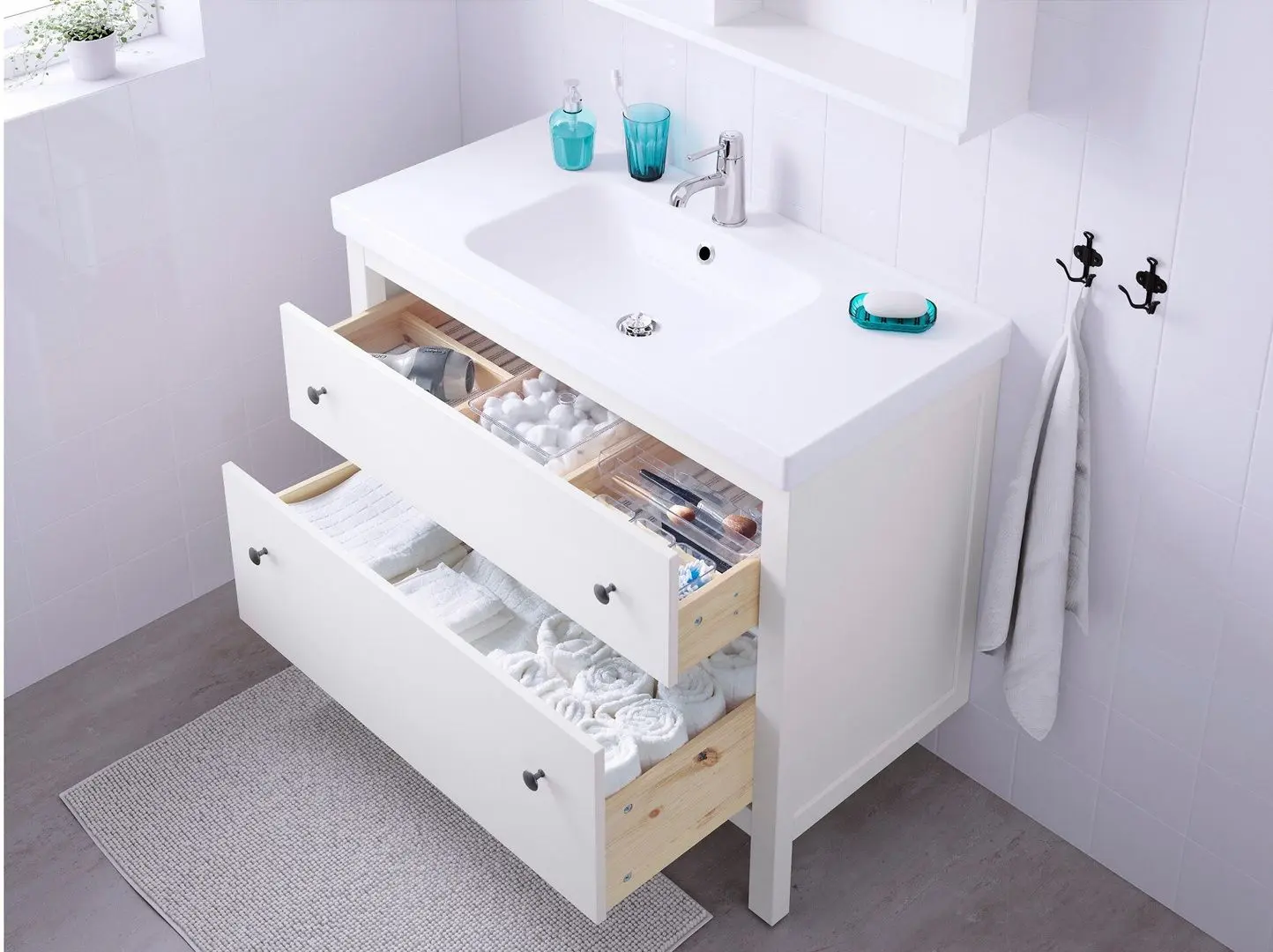 Шкаф под умывальник Ikea Hemnes/Odensvik 2 ящика/1 чаша/смеситель Runskär 103x49x89 (Белый) - 5