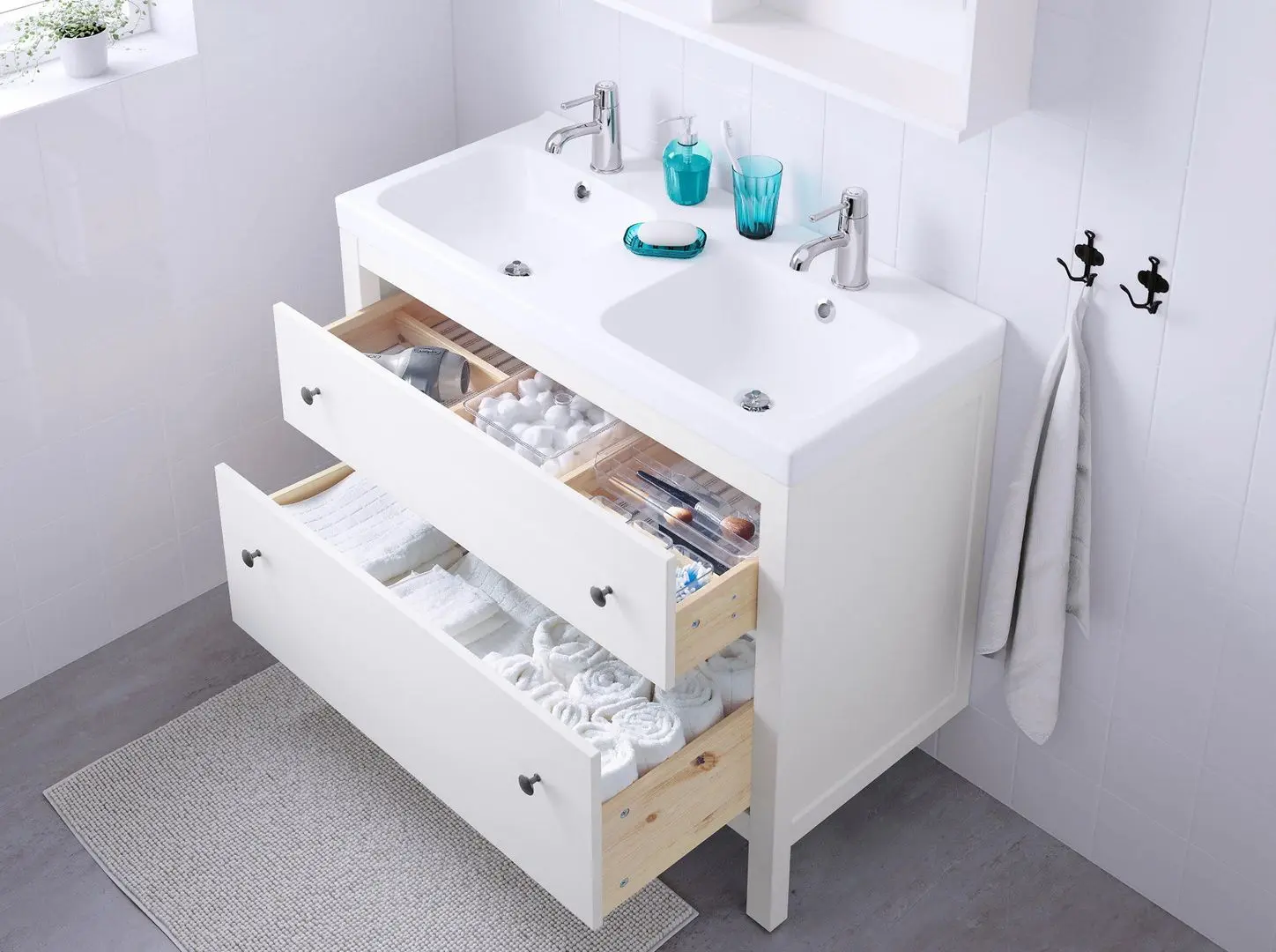 Шкаф под умывальник Ikea Hemnes/Odensvik 2 ящика/2 чаши/смеситель Runskär 103x49x89 (Белый) - 4