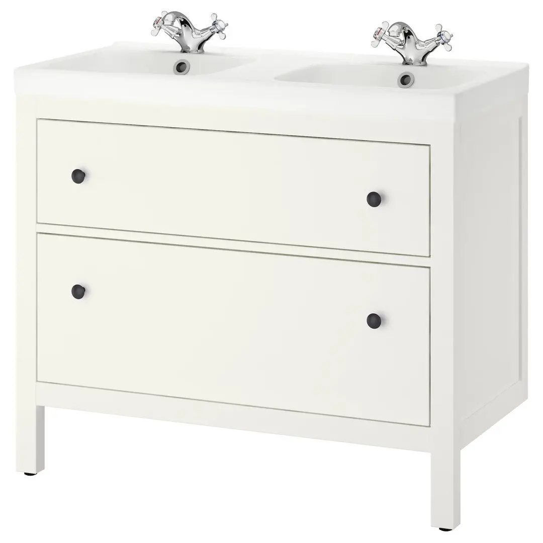 Шкаф под умывальник Ikea Hemnes/Odensvik 2 ящика/2 чаши/смеситель Runskär 103x49x89 (Белый)