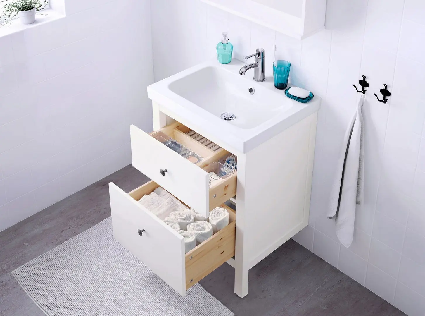 Шкаф под умывальник Ikea Hemnes/Odensvik 2 ящика/смеситель Runskär 63x49x89 (Белый) - 5