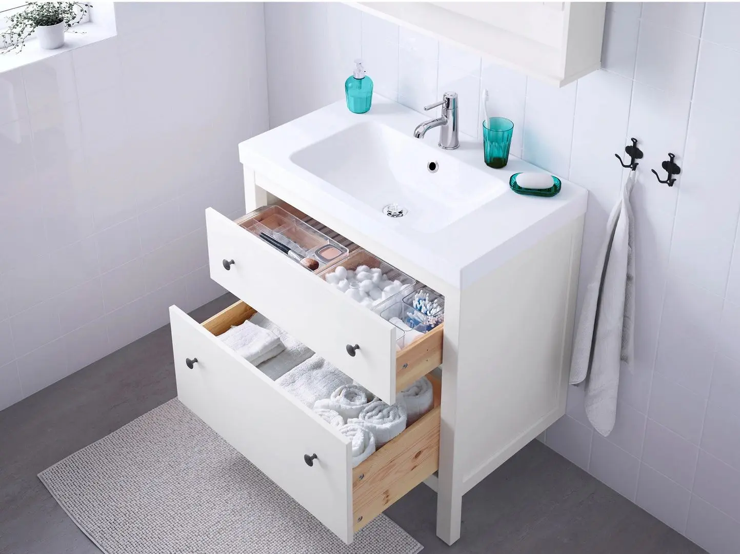 Шкаф под умывальник Ikea Hemnes/Odensvik 2 ящика/смеситель Runskär 83x49x89 (Белый) - 5