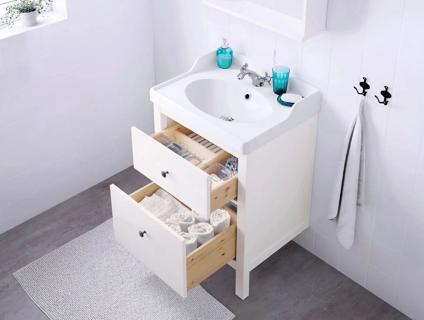 Шкаф под умывальник Ikea Hemnes/Rattviken 2 ящика/смеситель Runskär 62x49x89 (Белый) - 5