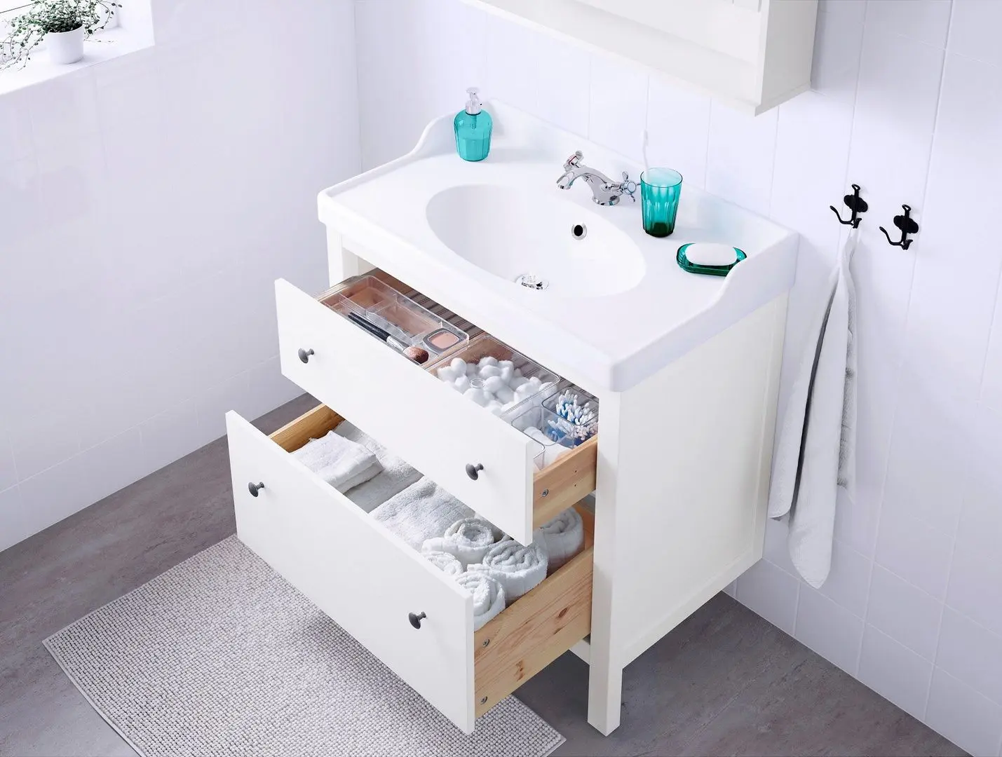 Шкаф под умывальник Ikea Hemnes/Rattviken 2 ящика/смеситель Runskär 82x49x89 (Белый) - 5