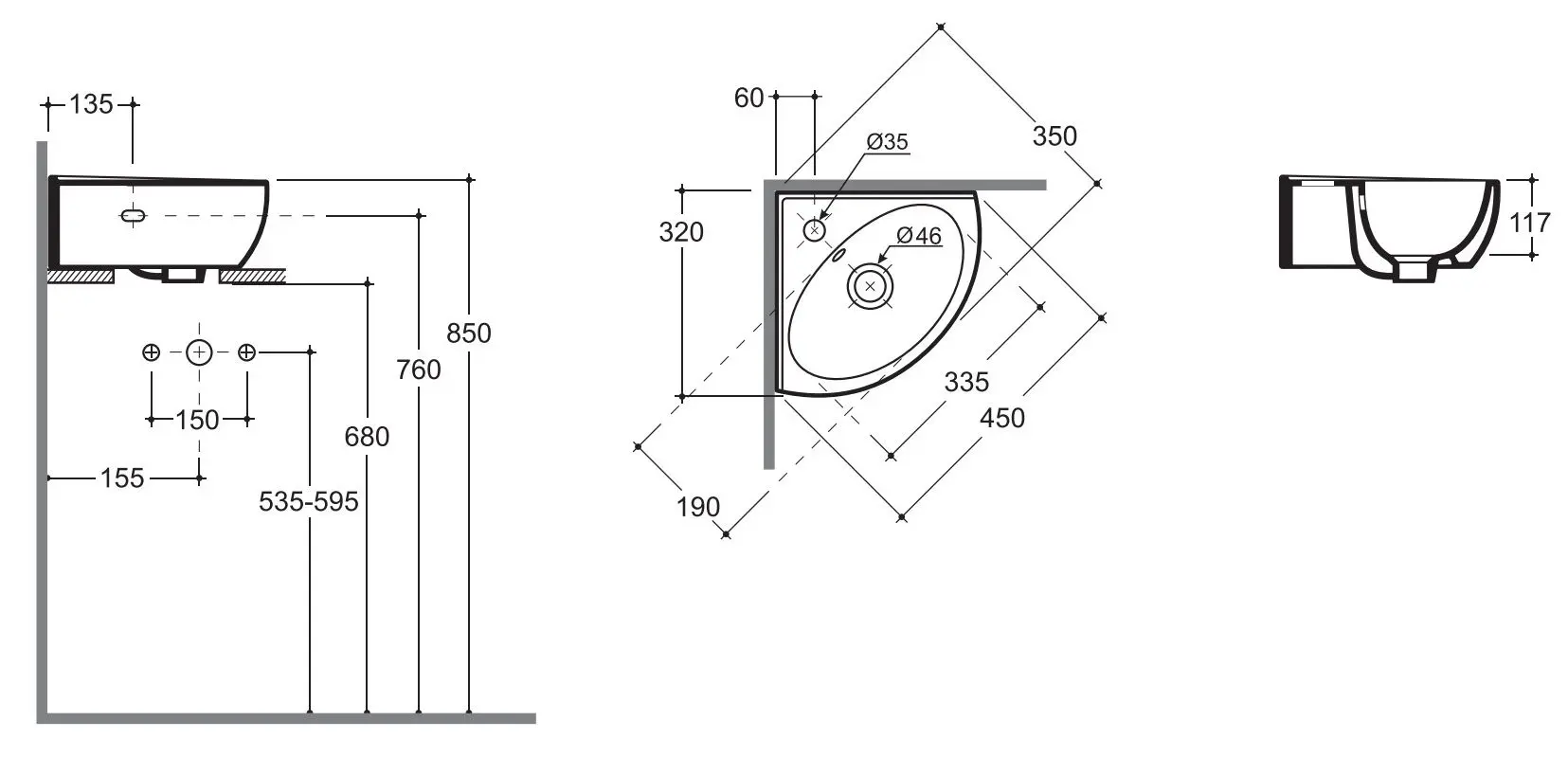 Умывальник Керамин Лаго угловой 45 (Белый) - 2