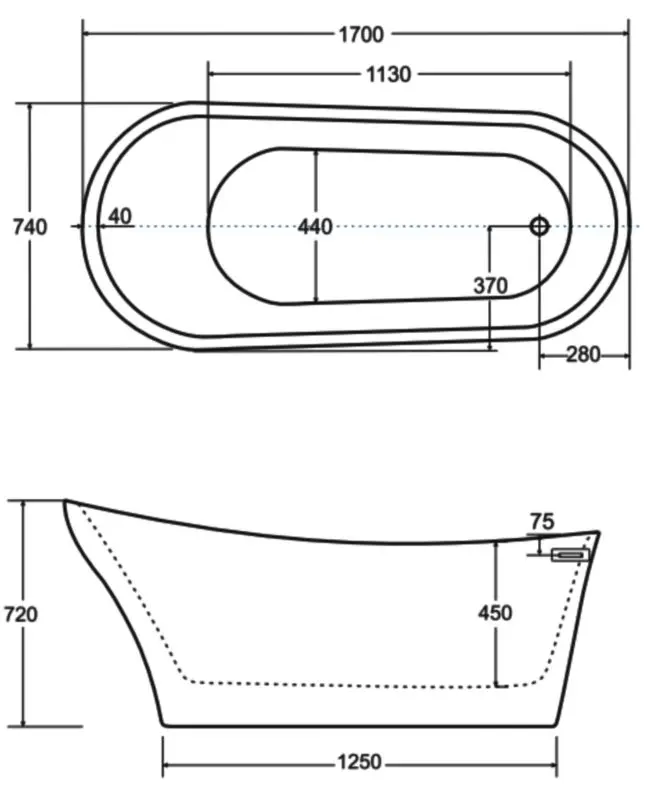 Cada de baie din acril Besco Calima Glam 170x74 (Graphite/White)