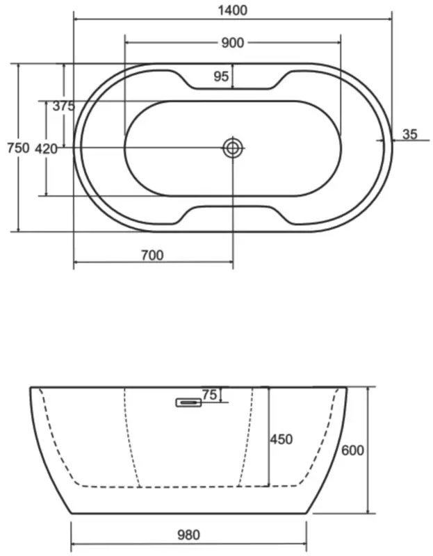 Cada de baie din acril Besco Navia Glam 140x75 (Graphite/White/Gold)