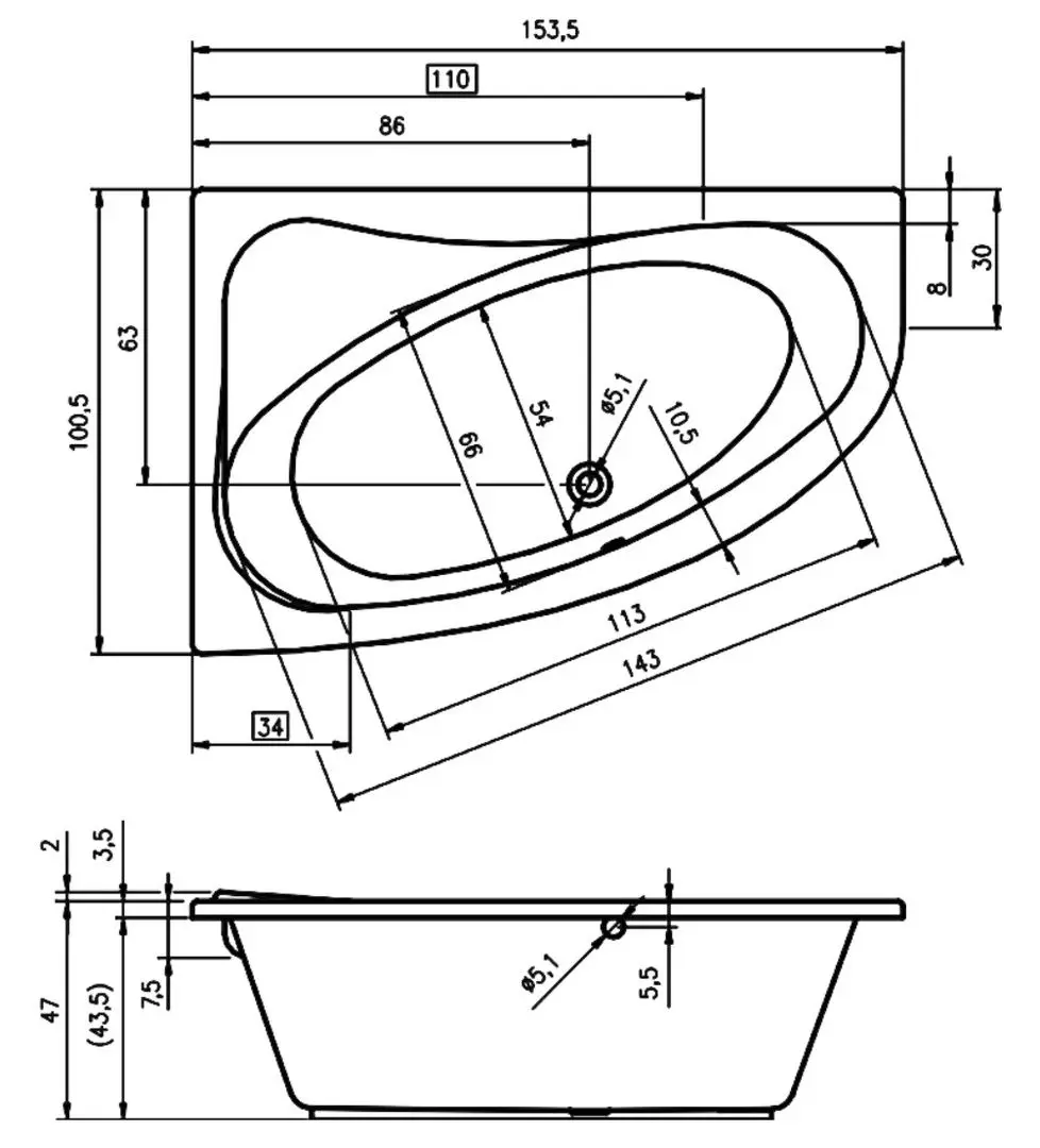 Cada de baie Riho Lyra B021001005 153х100 Right (White) - 4