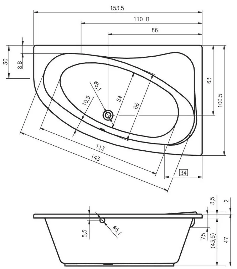 Cada de baie Riho Lyra B022001005 153х100 Left (White)