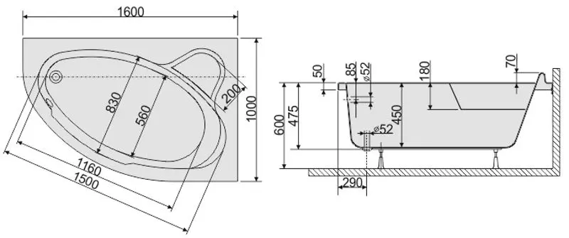 Cada de baie din acril Sanplast Comfort WAP/CO 100x160+STW biew Right (White) - 2
