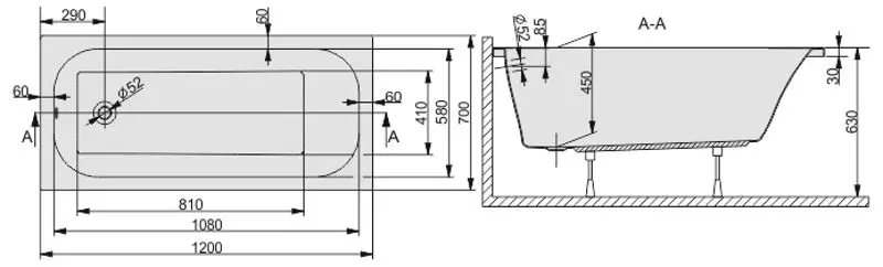 Cada de baie din acril Sanplast WP/FREE 70x120+ST25 biew (White)