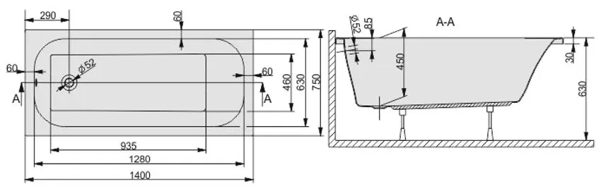 Cada de baie din acril Sanplast WP/FREE 75x140+STW biew (White)