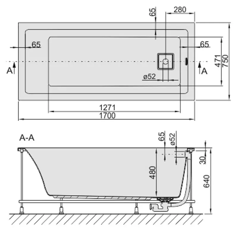Cada de baie din acril Sanplast WP/SPACE 170x75 + SP Set (White)
