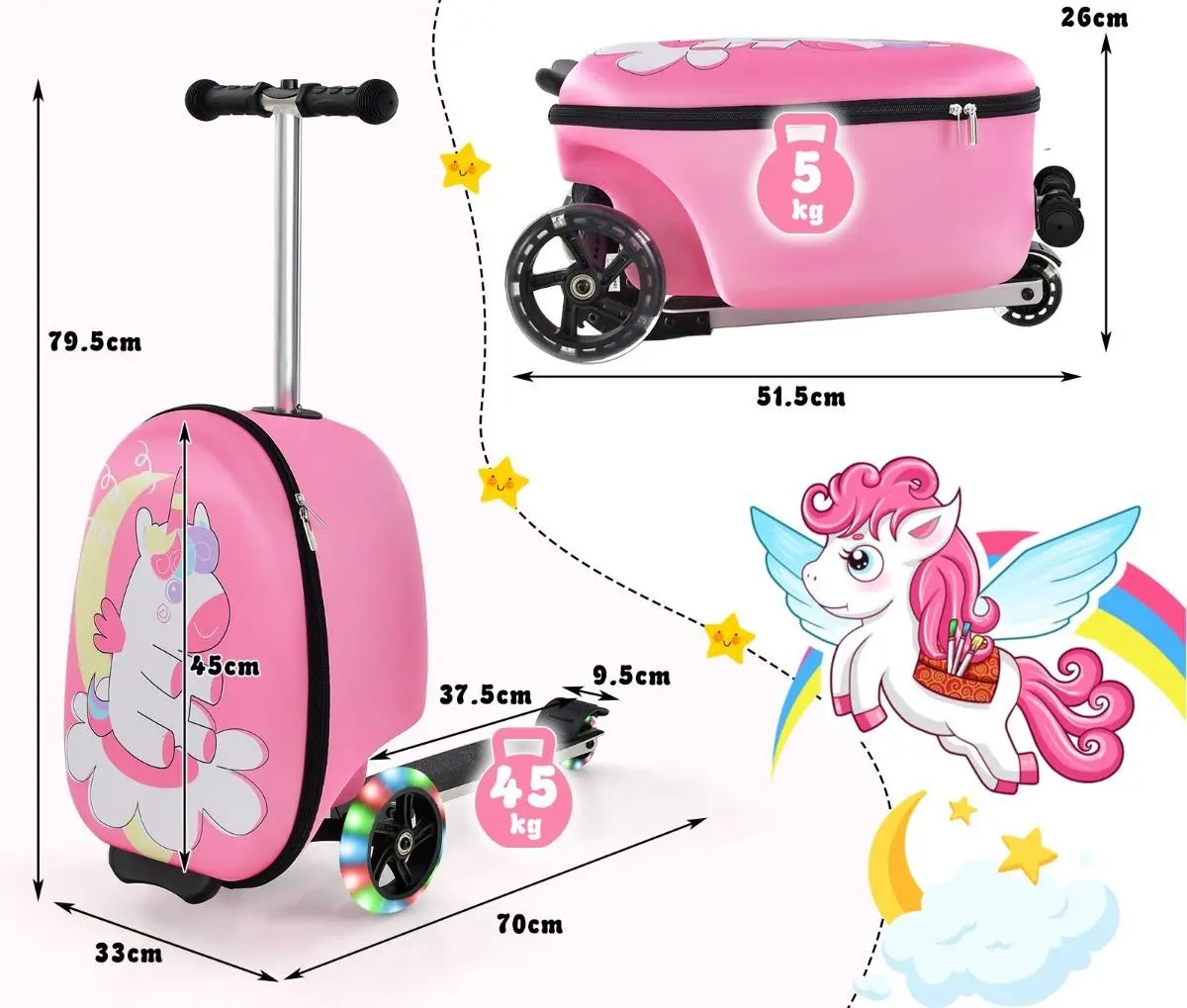 Детский чемодан-самокат 2в1 Costway TS10055DJ (Pink) - 3