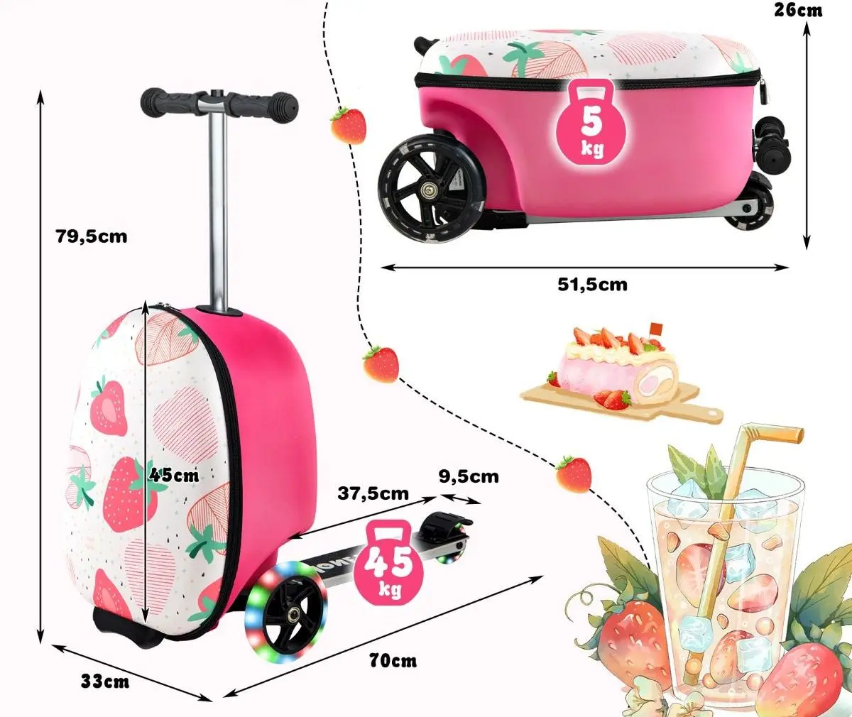 Детский чемодан-самокат 2в1 Costway TS10055PI (Pink) - 3