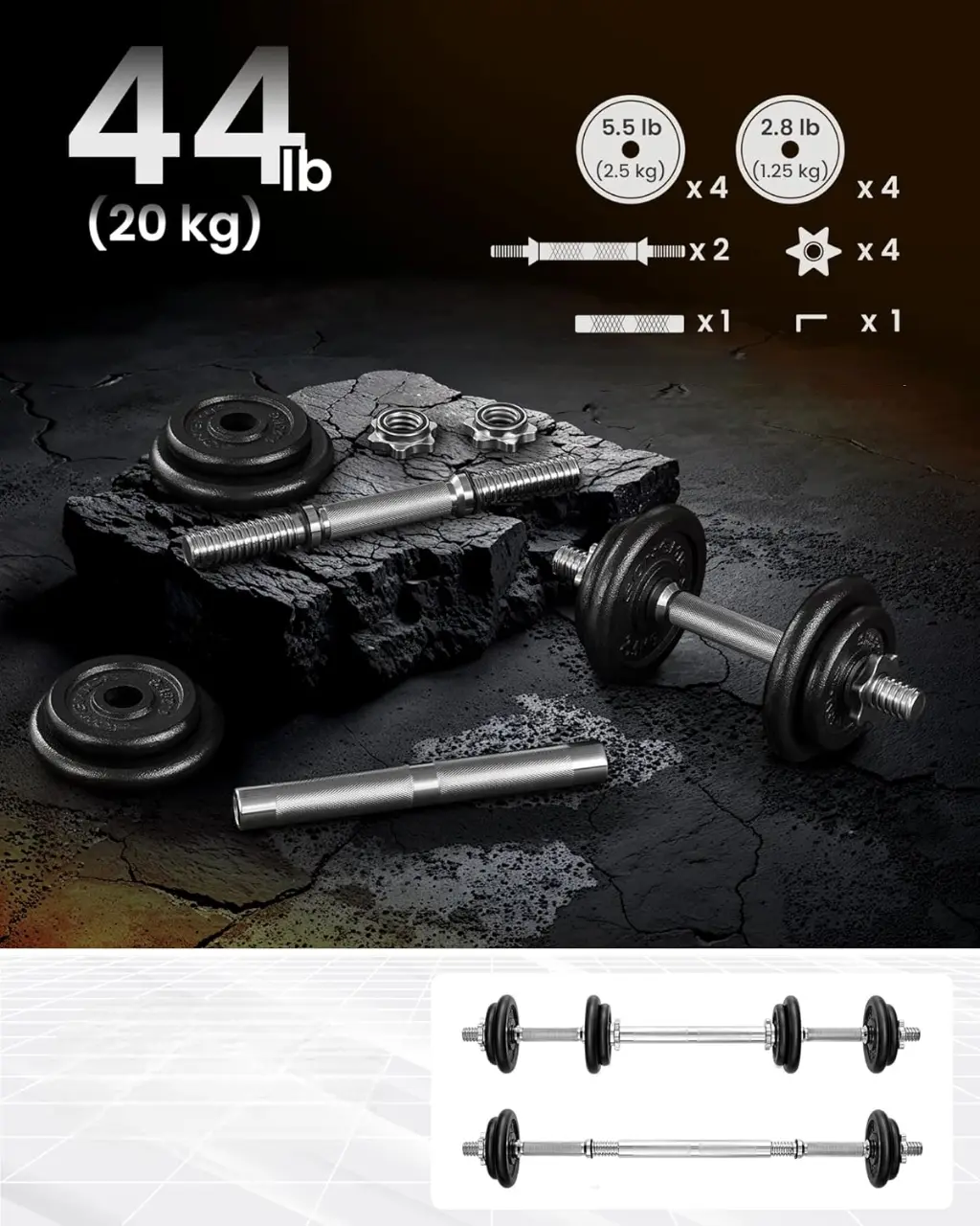 Набор гантели-штанга 2в1 Songmics SYL20LBKV1 20kg (Ink Black) - 4