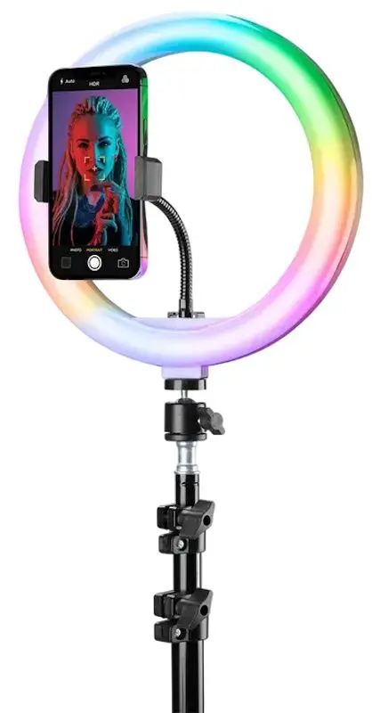 Trepied cu lampa Cellularline Selfie Ring Pro Multicolor Universale (Black)