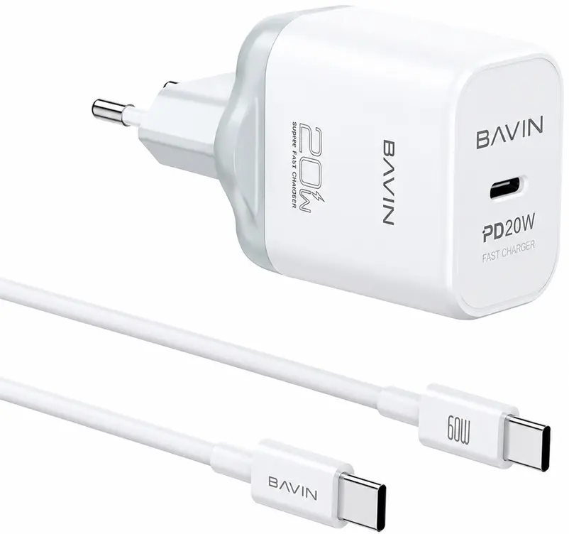 Зарядное устройство Bavin PC2106Y-20W + кабель USB Type-C (White)