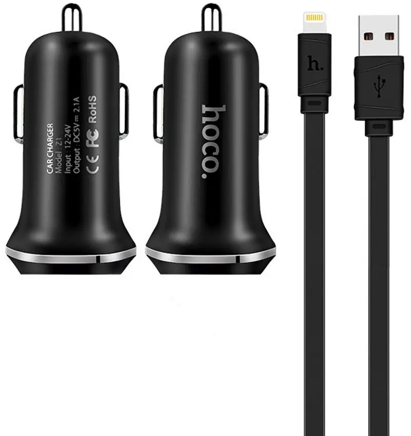Автомобильное зарядное устройство Hoco Z1 + кабель Lightning (Black)