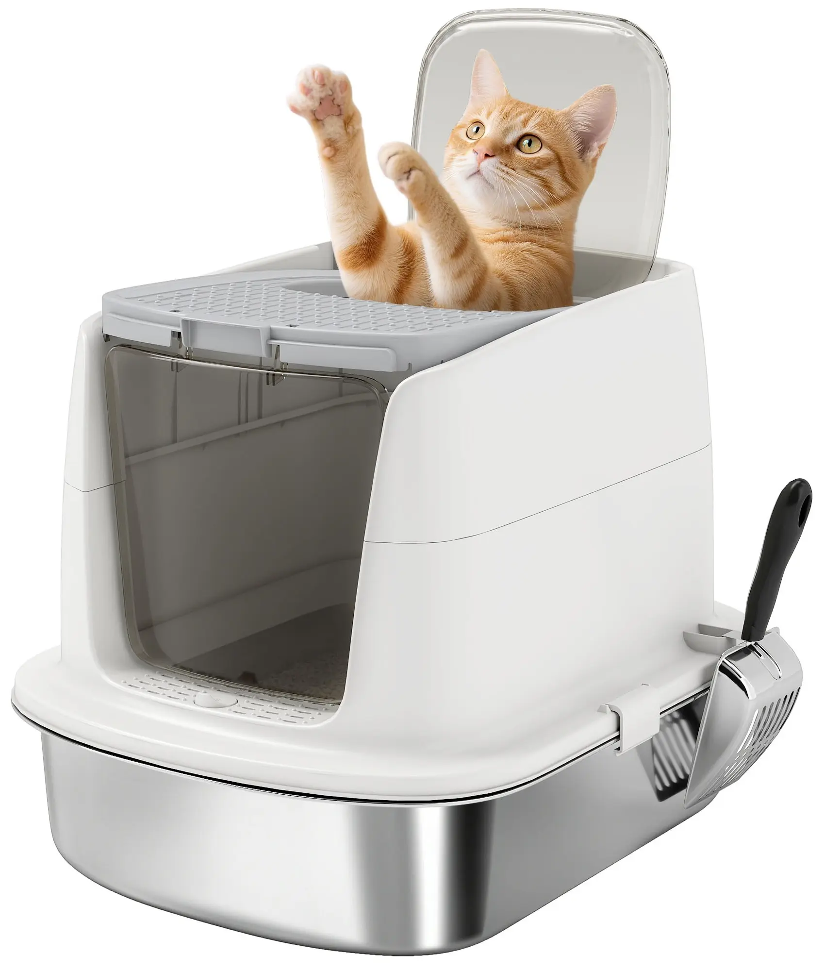 Litiera inchisa pentru pisici PawHut D31-140V00WT (White/Inox) - 3