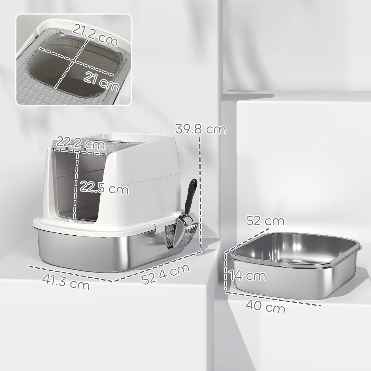 Litiera inchisa pentru pisici PawHut D31-140V00WT (White/Inox) - 4