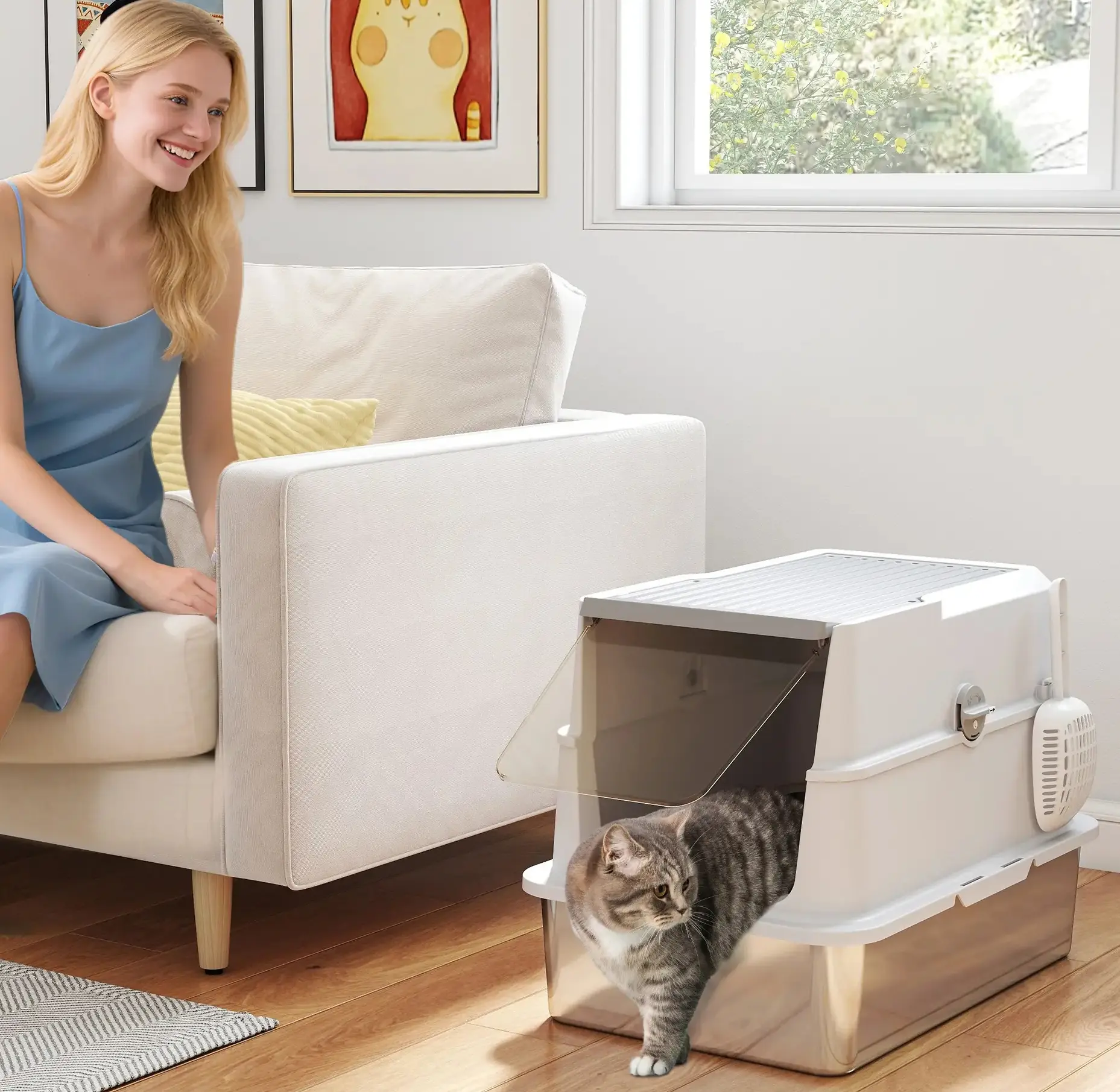 Закрытый туалет для кошек PawHut D31-141V02LG (Grey/Silver) - 9