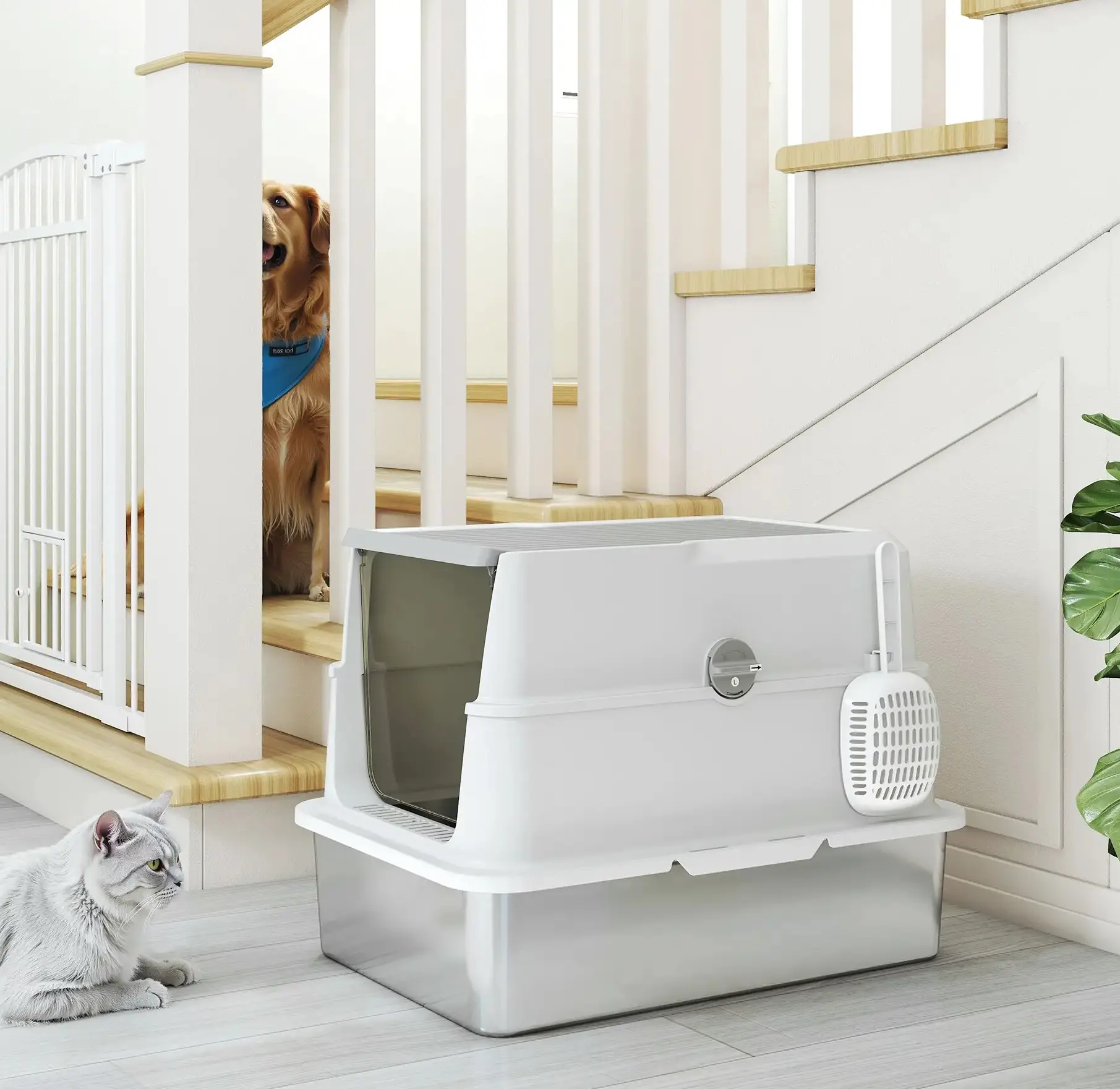 Закрытый туалет для кошек PawHut D31-141V02LG (Grey/Silver) - 10