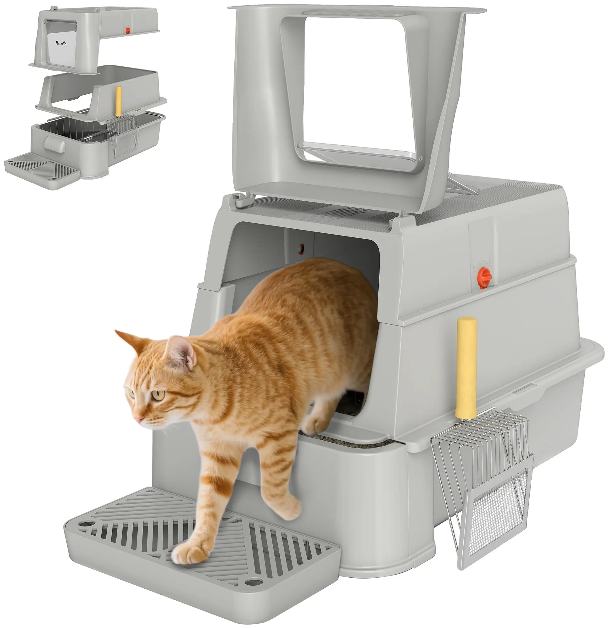 Litiera inchisa pentru pisici PawHut D31-150V00LG (Light Grey/Inox) - 3