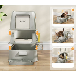 Litiera inchisa pentru pisici PawHut D31-150V00LG (Light Grey/Inox) Thumb