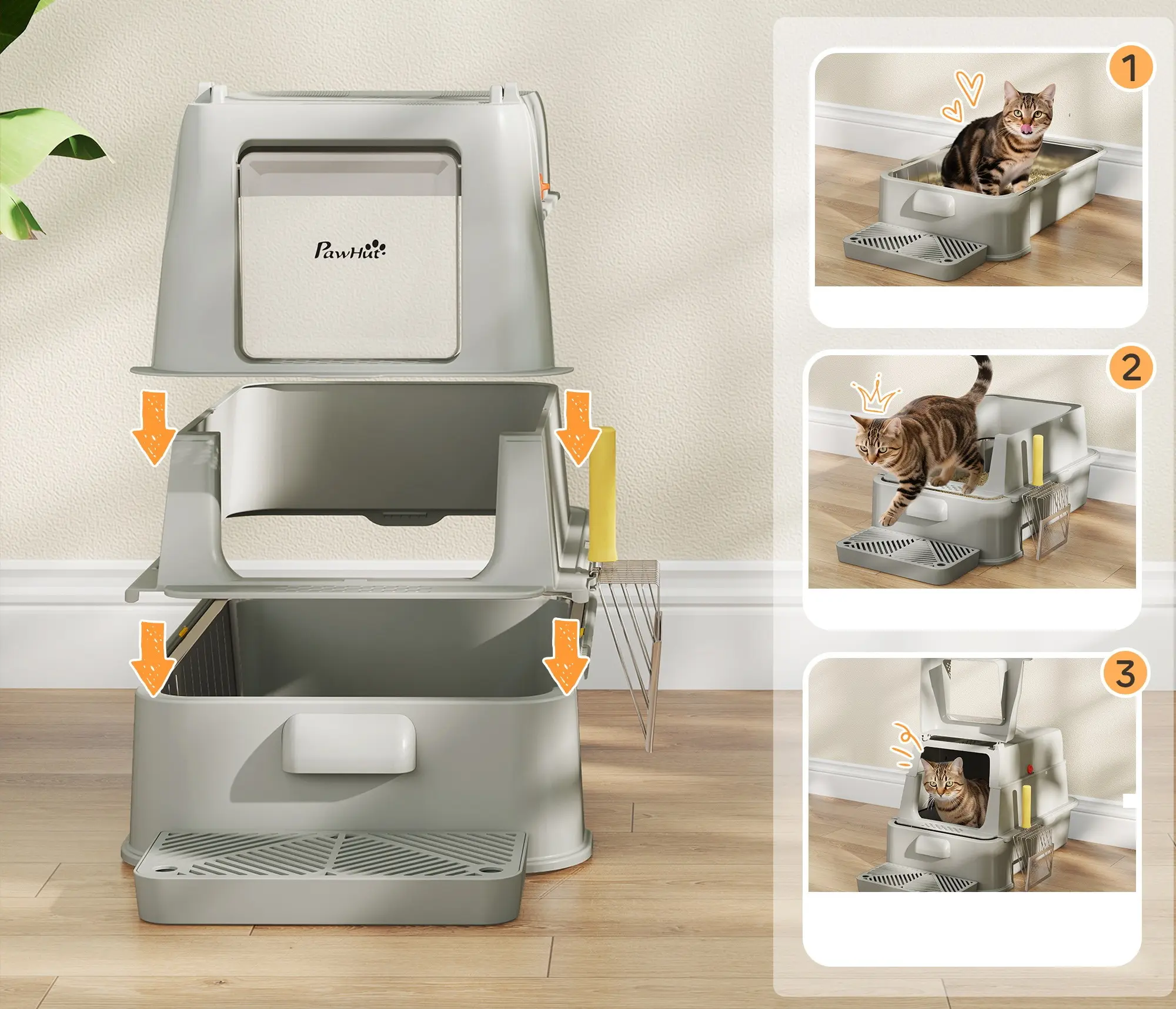 Litiera inchisa pentru pisici PawHut D31-150V00LG (Light Grey/Inox) - 5