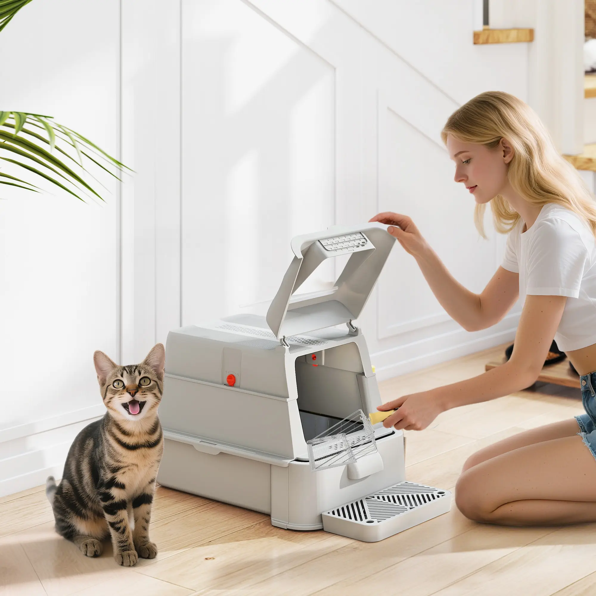 Litiera inchisa pentru pisici PawHut D31-150V00LG (Light Grey/Inox) - 8