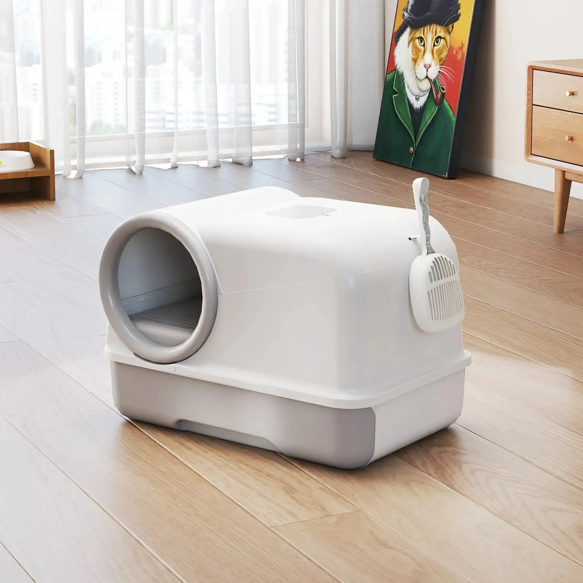 Закрытый туалет для кошек PawHut D31-155V00GY (Grey/White) - 5