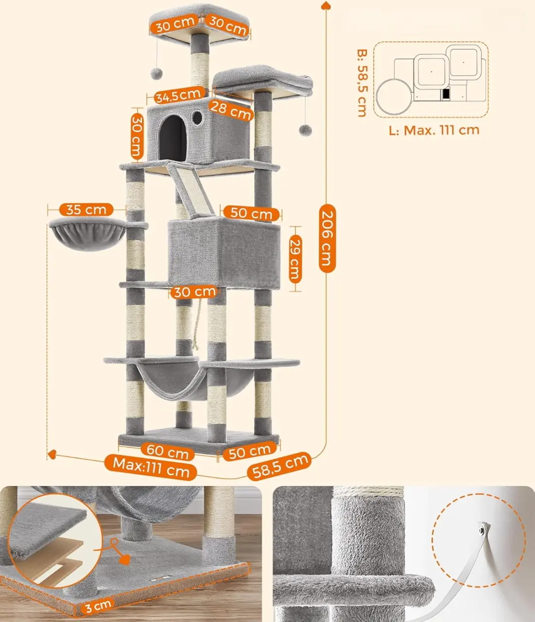 Игровой комплекс для кошек Feandrea PCT190W01 (Light Grey) - 6