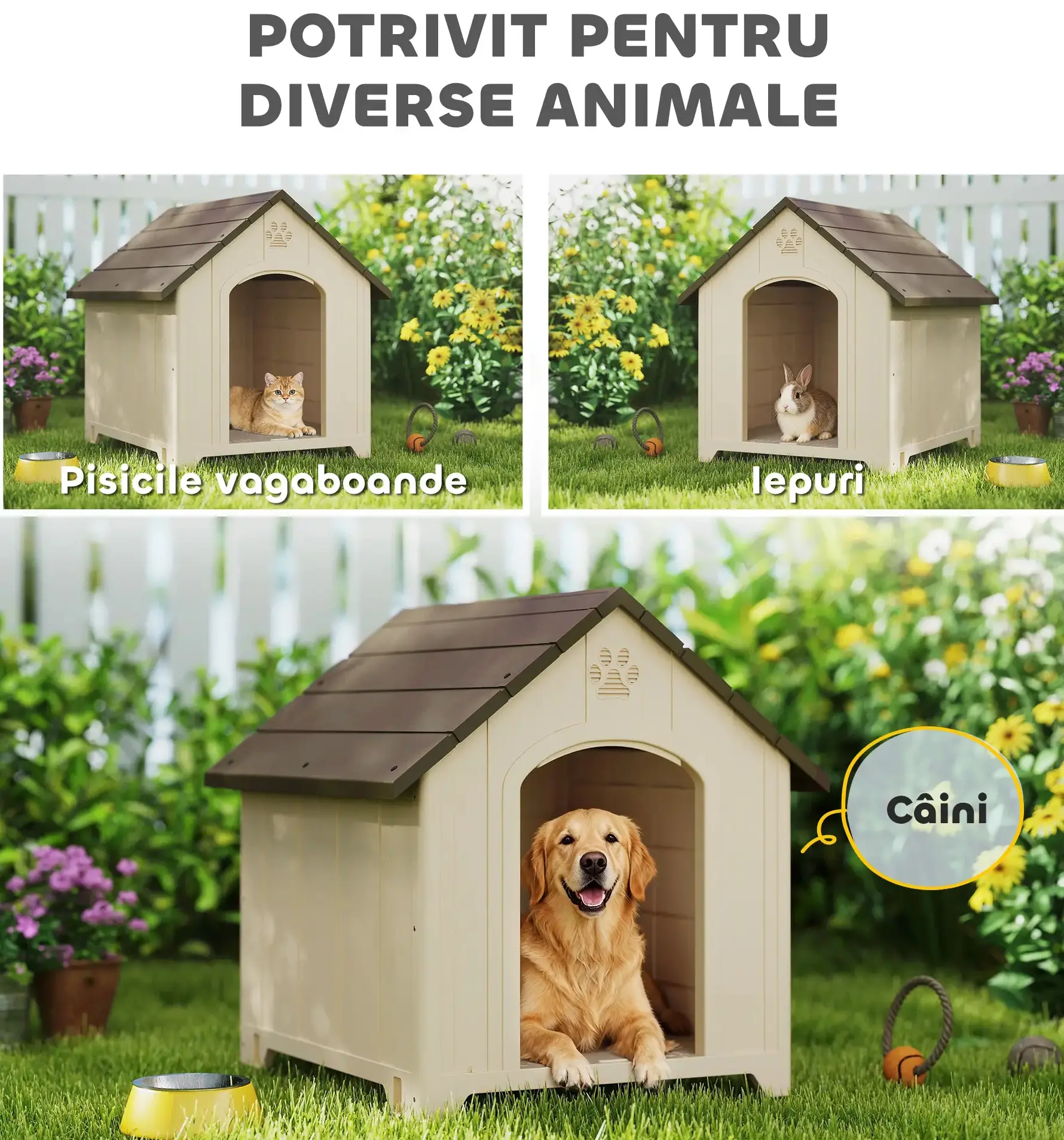 Casuta pentru caini PawHut D02-266V00BG 88x78x89 cm (Beige/Brown) - 7
